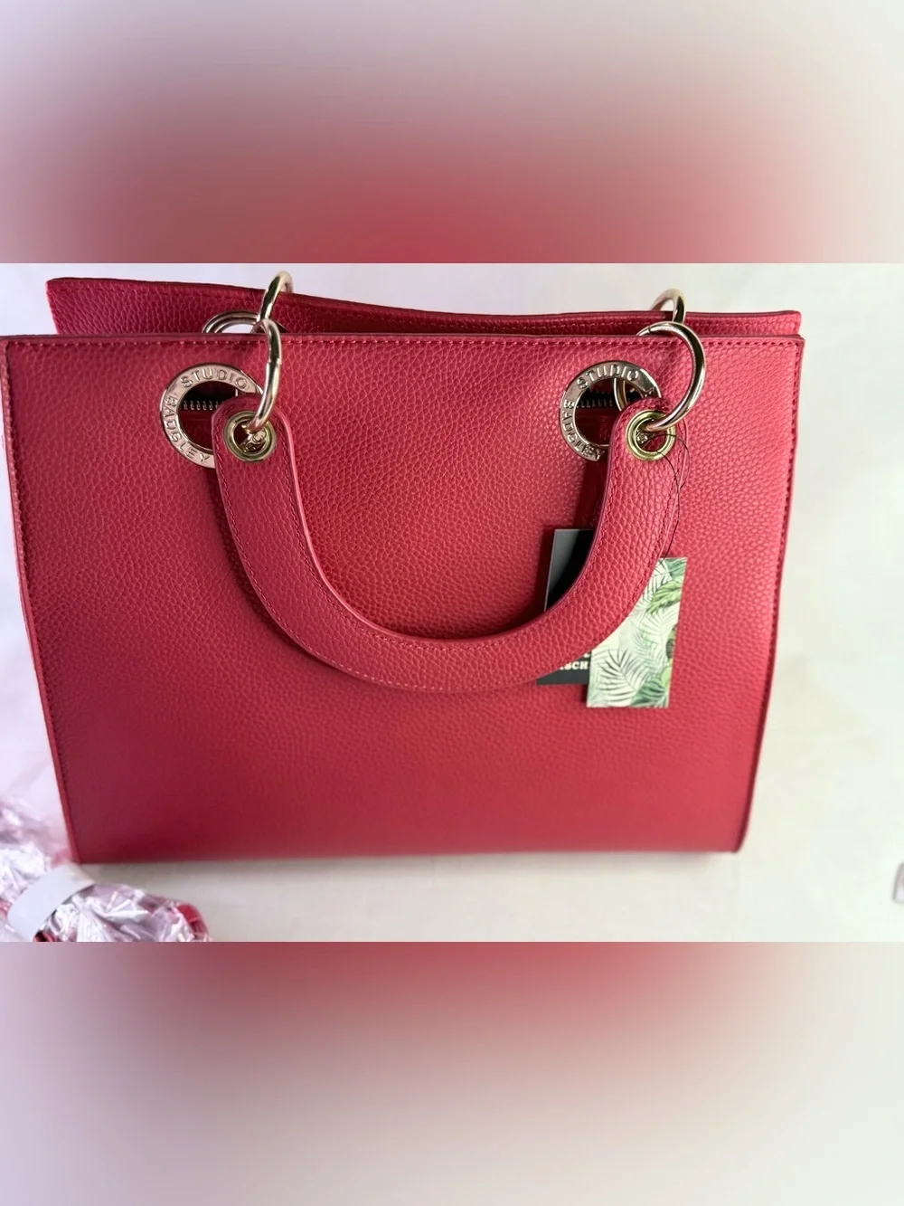 Bradley Mischka Red Satchel Bag with Crossbody/Shoulder Strap and Gold Hardware